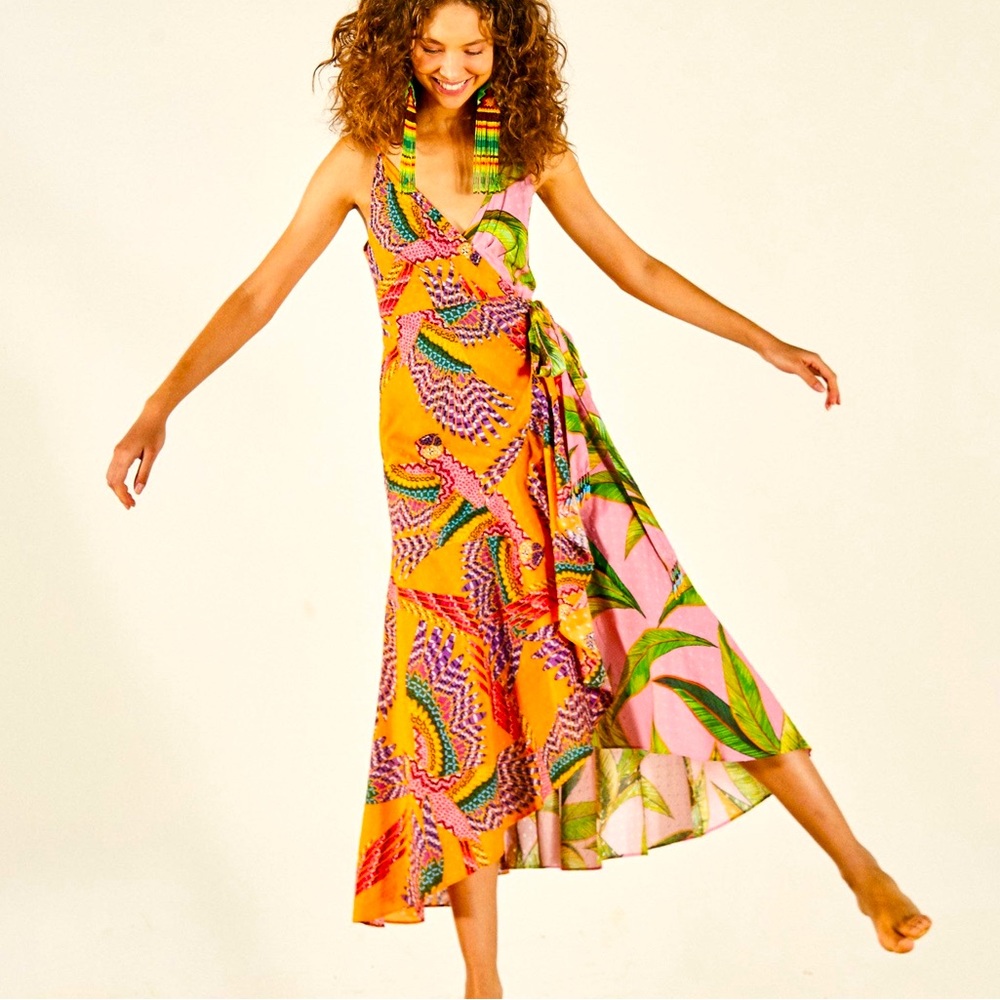 Farm Rio Mixed Prints Midi dress tropical macaws Medium